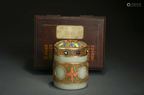 Hetian Jade Gold-plated Gilt Silver Incense Container