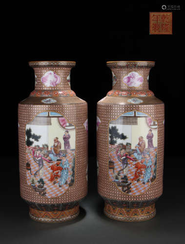 A Pair of Enamel Wooden Club Shaped Vases