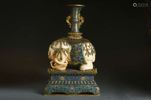 Cloisonne Elephant Ornament with White Marble Inlay
