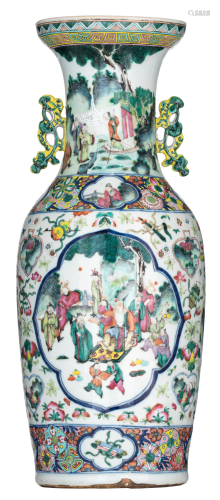 A Chinese famille rose vase, paired with lingzhi