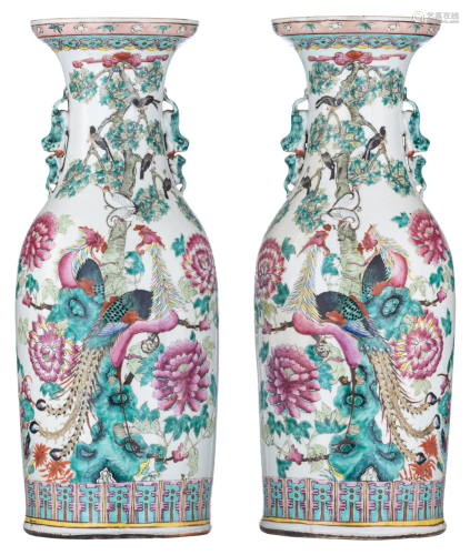 A pair of Chinese famille rose vases, 19thC, H 60,5