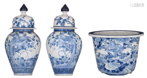 A pair of Japanese blue and white Arita covered vases