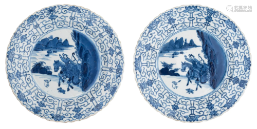 A pair of Chinese blue and white 'Hunt' plates, with a