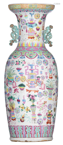 A Chinese famille rose 'antiquities' vase, paired with