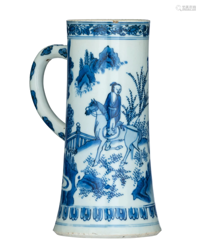 A Chinese blue and white tankard, Transitional period,