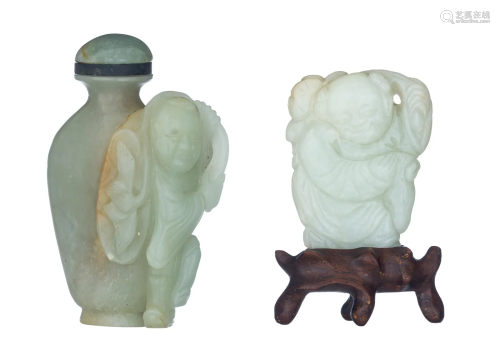 A Chinese pale green jade carving and carved snuff