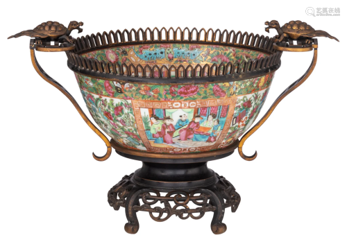A Chinese Canton famille rose punch bowl, mounted with