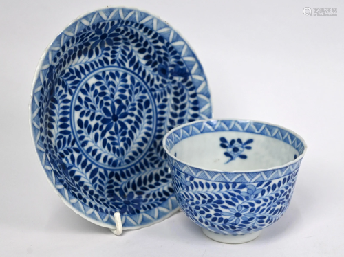 A Chinese blue and white tea bowl and sauccer, Kangxi