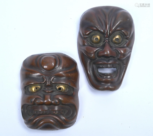 Two Japanese bronze Noh mask netsuke, Meiji period (2)