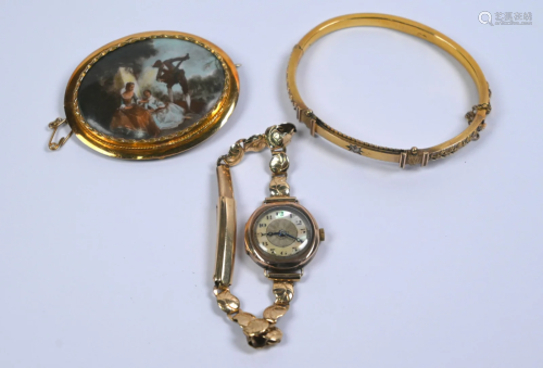 Victorian gold bangle, watch and brooch