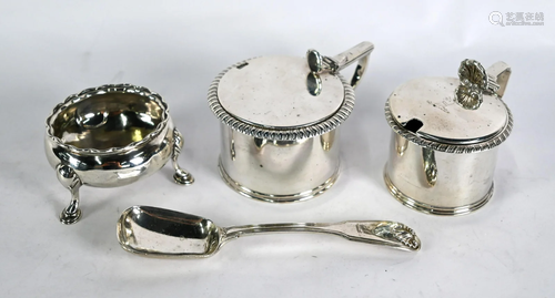 Georgian silver mustard pots, open salt & preserve