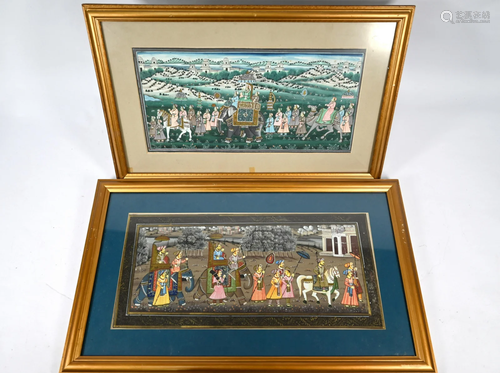 Two Mughal-style paintings of processions with