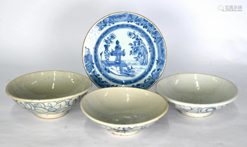 A Chinese export blue and white dish to/w three South