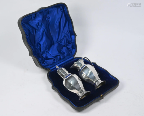 Edwardian cased silver cream and sugar pair