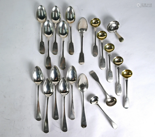 George III silver caddy spoon, salt spoons and