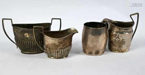Georgian silver mug, Edwardian cream and sugar pair and