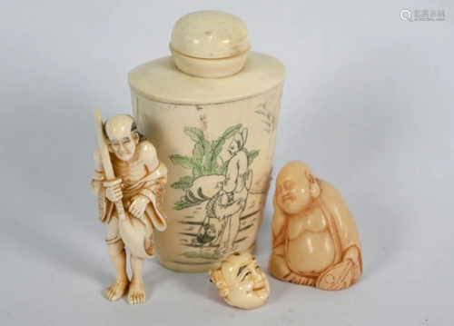 A Japanese erotic snuff bottle, Sennin ivory netsuke,