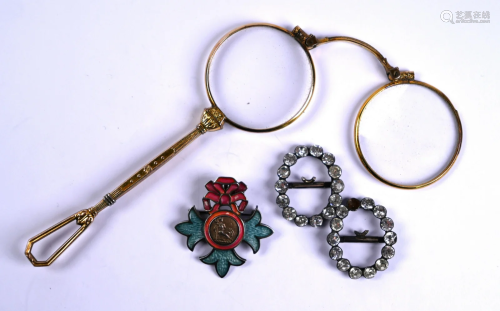 Empire badge, oval buckles and gilt metal lorgnettes
