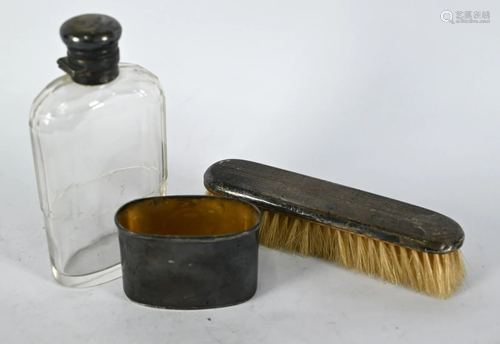 Silver-mounted hip flask & hairbrush