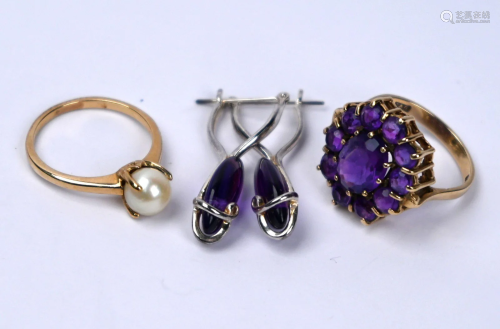 Amethyst ring, earrings and cultured pearl ring