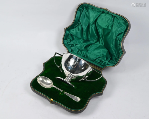Cased silver christening bowl and spoon