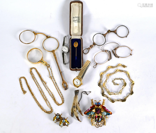 A diamond-set yellow gold stickpin and other jewellery