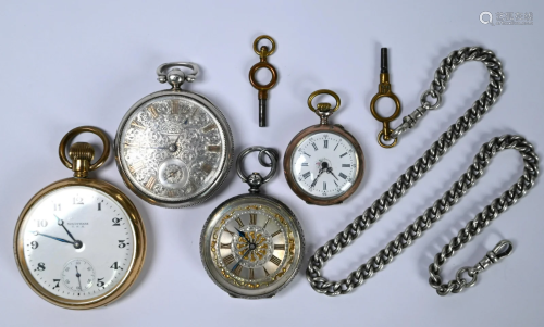 4 pocket watches + chains