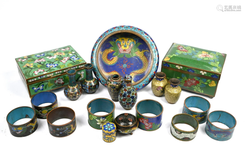 A collection of Chinese cloisonne boxes, snuff bottle,