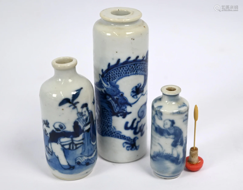 Three 19th century Chinese blue and white snuff