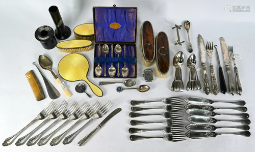 Child's silver and enamel brush set, etc.