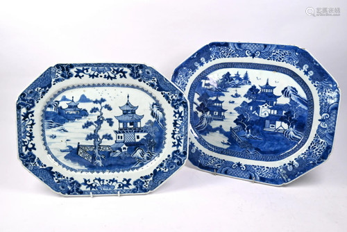 Two Chinese export blue and white platters painted with