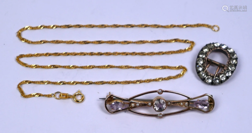 Edwardian bar brooch, gold chain and paste set buckle