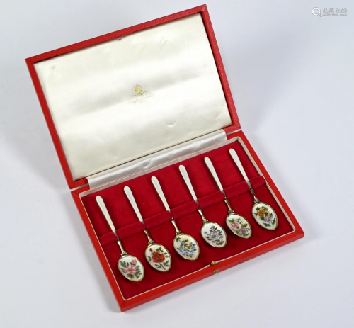 Cased set of six enamelled silver coffee spoons