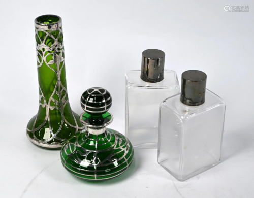 Silver-mounted scent bottles and spill vase