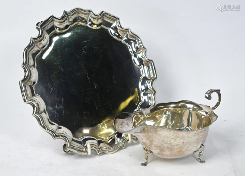 Edwardian silver card salver and sauce-boat