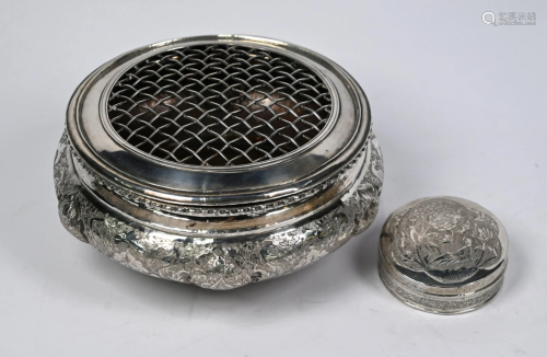Indo-Persian white metal pot-pourri bowl and covered