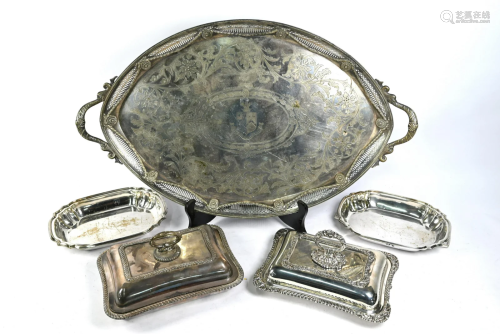 Large electroplated tray and three entrÃ©e dishes