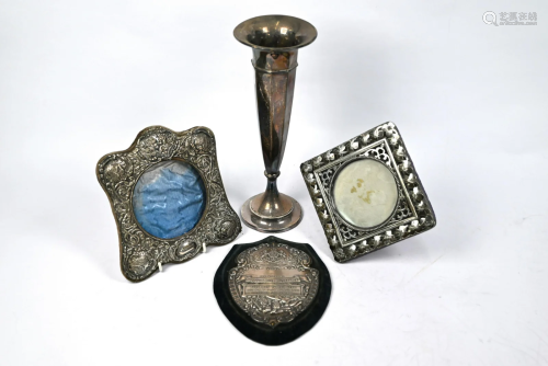 Two silver photograph frames, trophy shield and