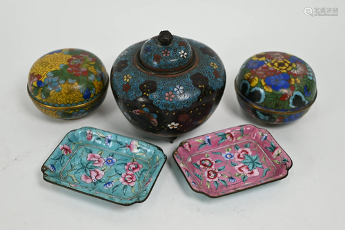 A group of five Chinese cloisonnÃ© and enamel items