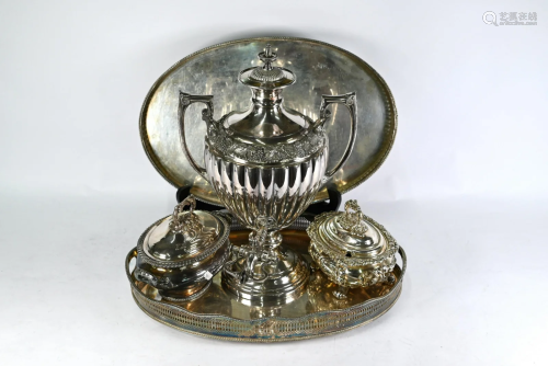 Victorian EPBM samovar, two wine trays and two sauce