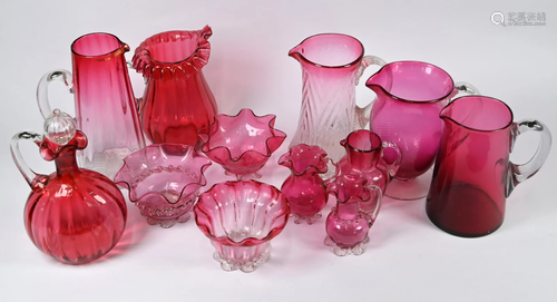 Five various large cranberry glass jugs