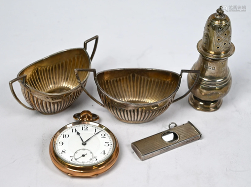 Silver pepperette, salts, cigar-cutter and gilt pocket