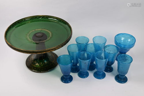 A Bohemian green glass large tazza and other glassware