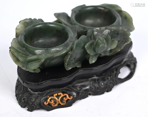 A Chinese spinach jade or hardstone double lotus brush