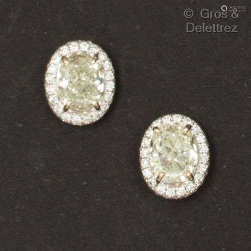 Paire de boutons d’oreilles en or gris, orné d’un diamant de...