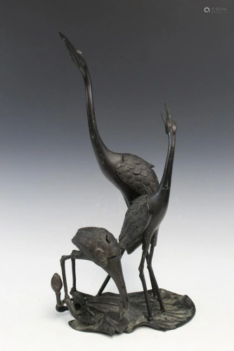 Japanese Bronze Three Cranes Statue