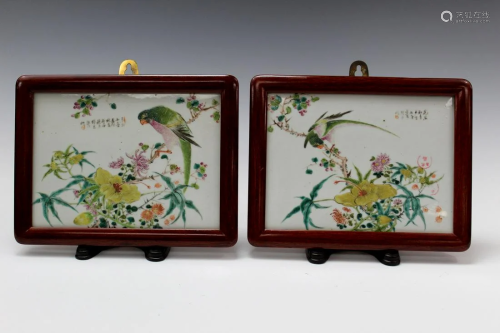 Pair of Chinese Painted Porcelain Plaques of Bird and