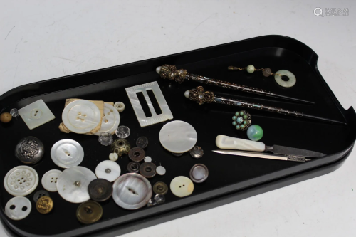 Tray Lot of Buttons and Hairpins.