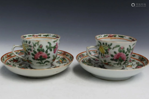 A Pair of Chinese Rose Medallion Teacups and Saucers.