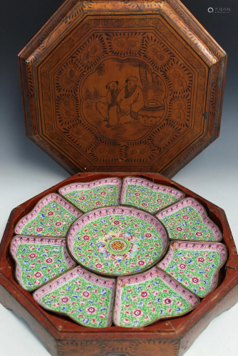 Chinese Enamel Fruit Dish Set in a Lacquer Box